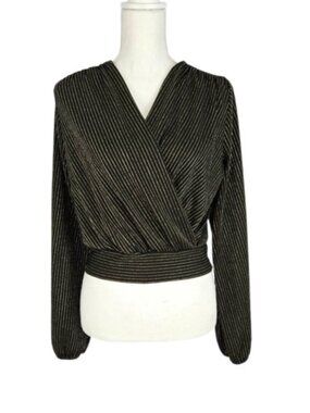 Women’s Wrap Crop Top Metallic Stripe V Neck Long Sleeve Size L